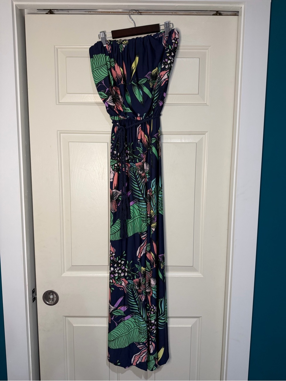 Sandro Navy Tropical Strapless Jumpsuit with Green & Pink Print